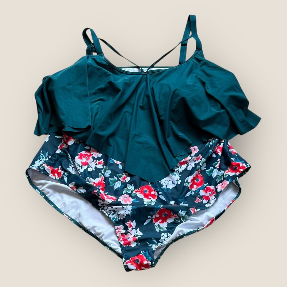 New Bloomchic Floral Ruffle One Piece Swimsuit Womens Plus Size 30 Green